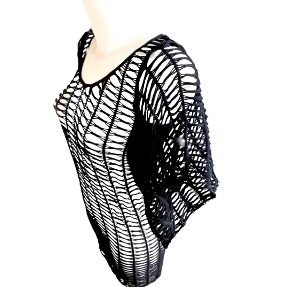 Bebe Solid Black Mesh Fishnet Bat Wing Sleeves Mini Dress / Swim Cover Up Small - Picture 2 of 13